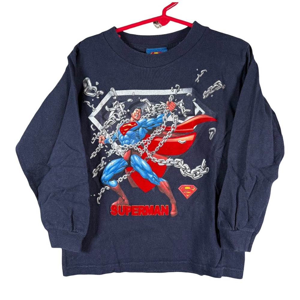 Superman Graphic Long Sleeve T-Shirt Kids Size 4 Navy Blue‎ Vintage Super Hero